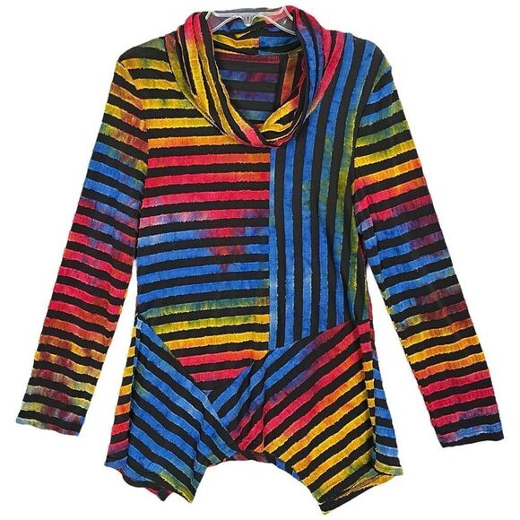 The Pyramid Collection Rainbow Striped Tunic Top Women's Small Cowl Neck Artsy - Picture 8 of 8